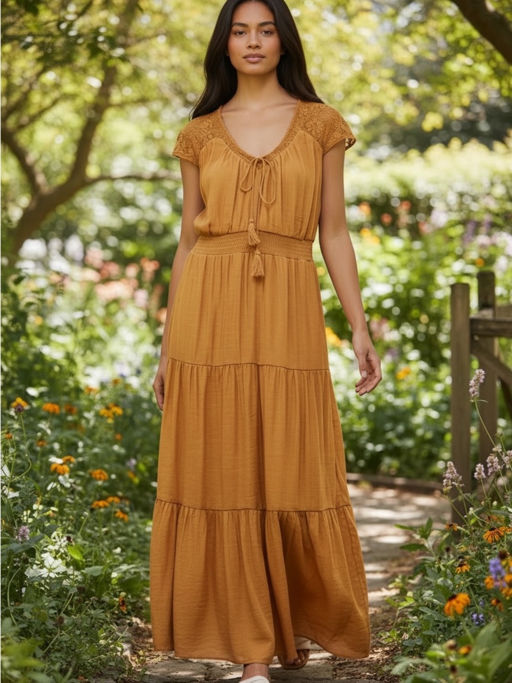 Luxology Gauze Smocked Waist Maxi Dress size XL Womens boho chic